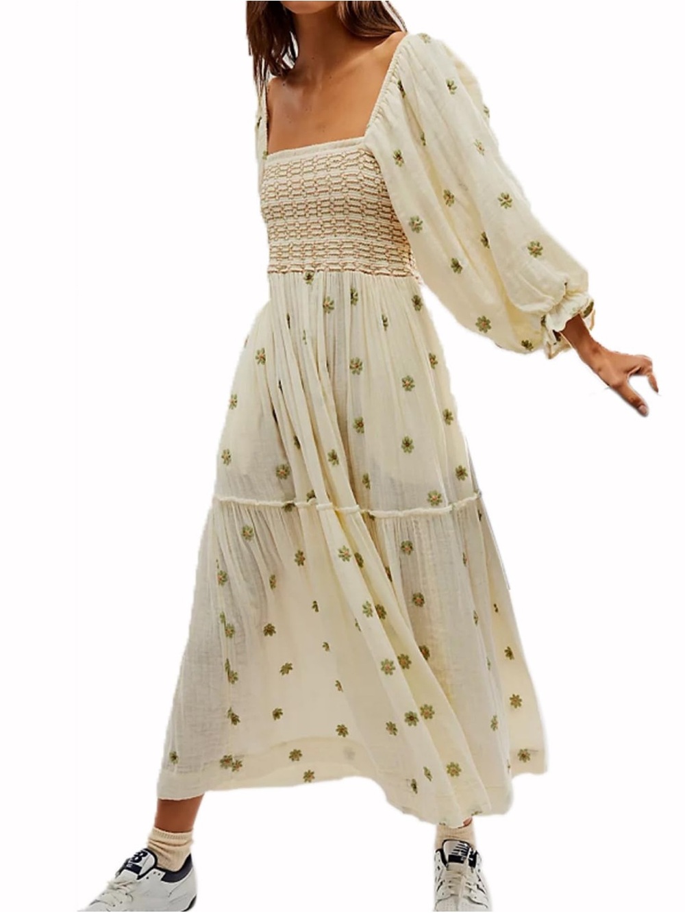 NWOT Cream Embroidered Smocked Maxi Dress Cottagecore Boho Size M